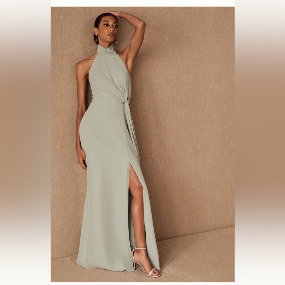 Jenny Yoo Elliya Mock Neck Morning Mist Chiffon Floor Length Dress